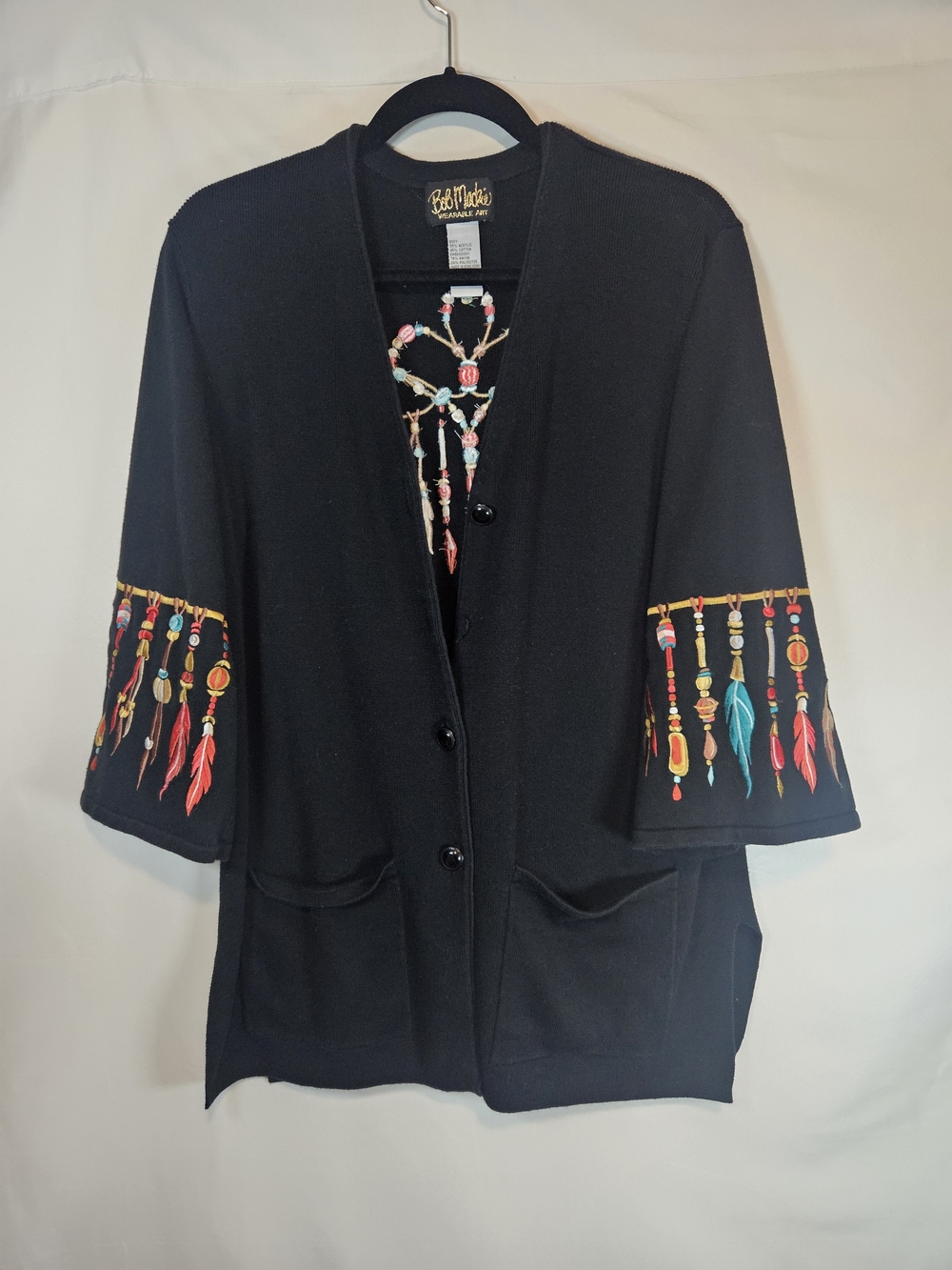 Bob Mackie Black Cardigan with Multicolor Feather & Bead Embroidery